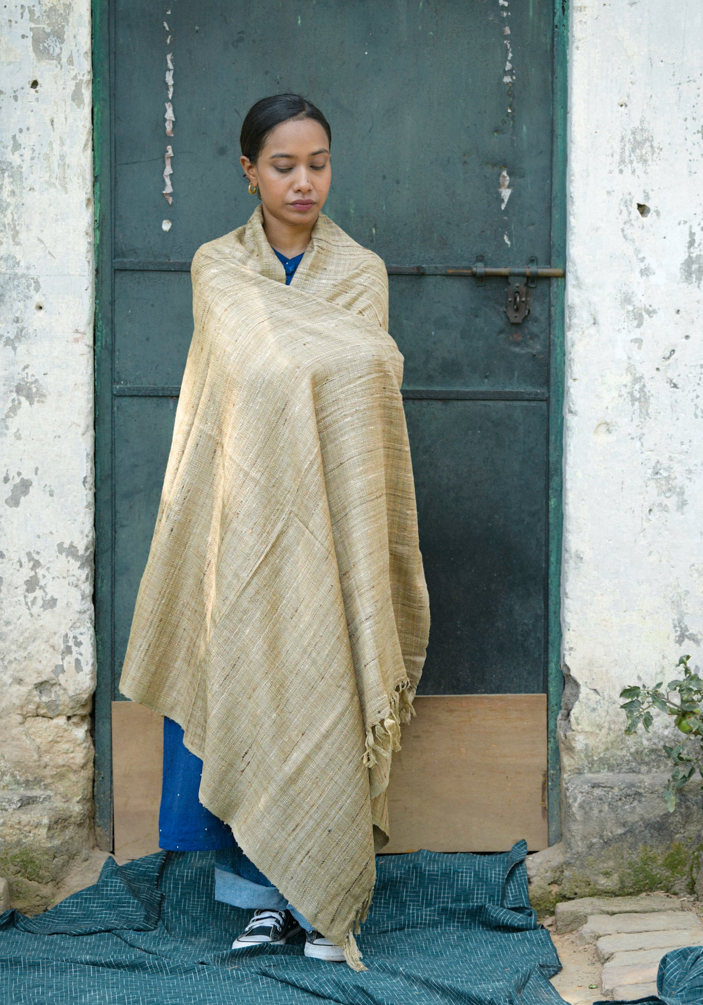 Hand woven silk wool shawl