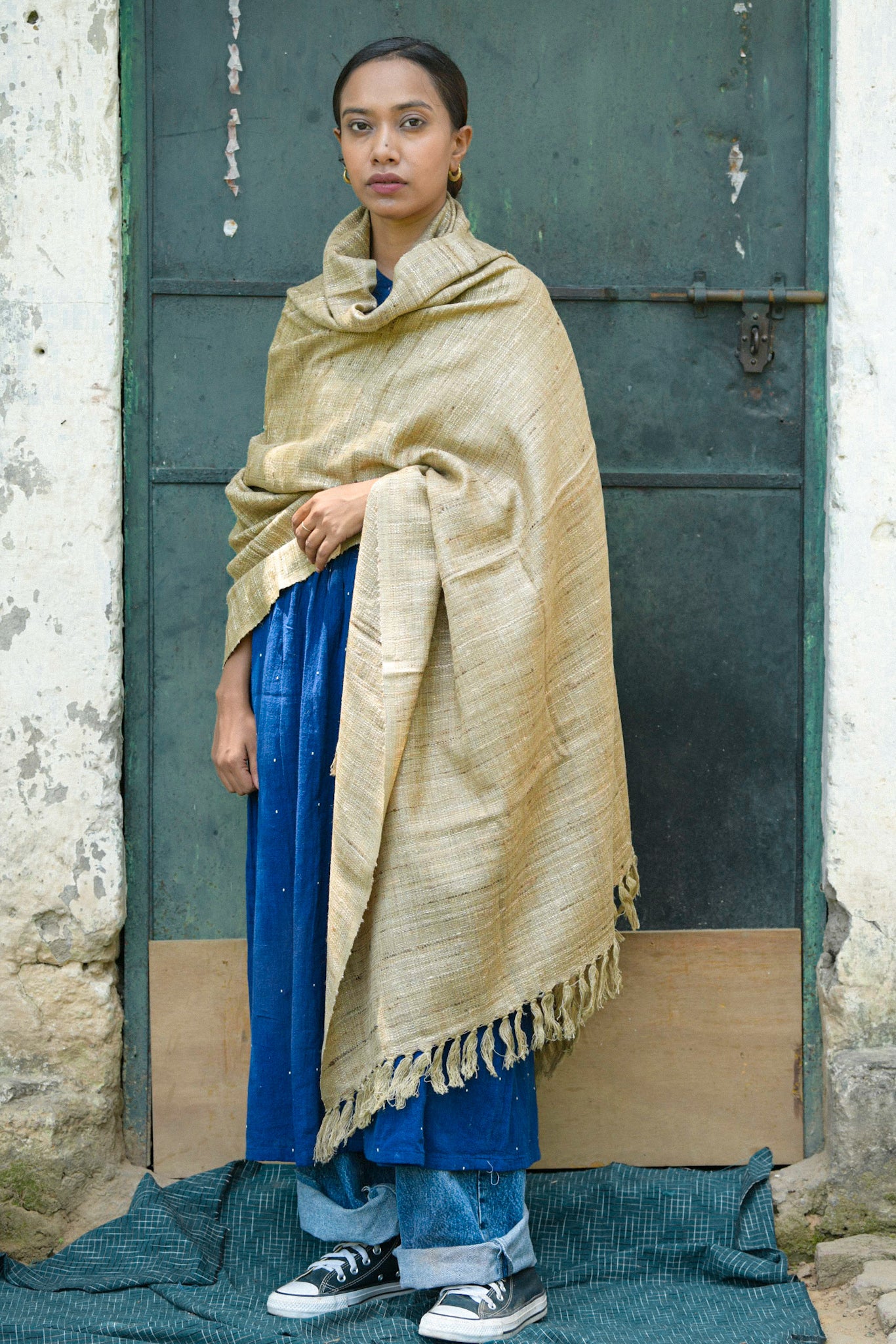 Hand woven silk wool shawl